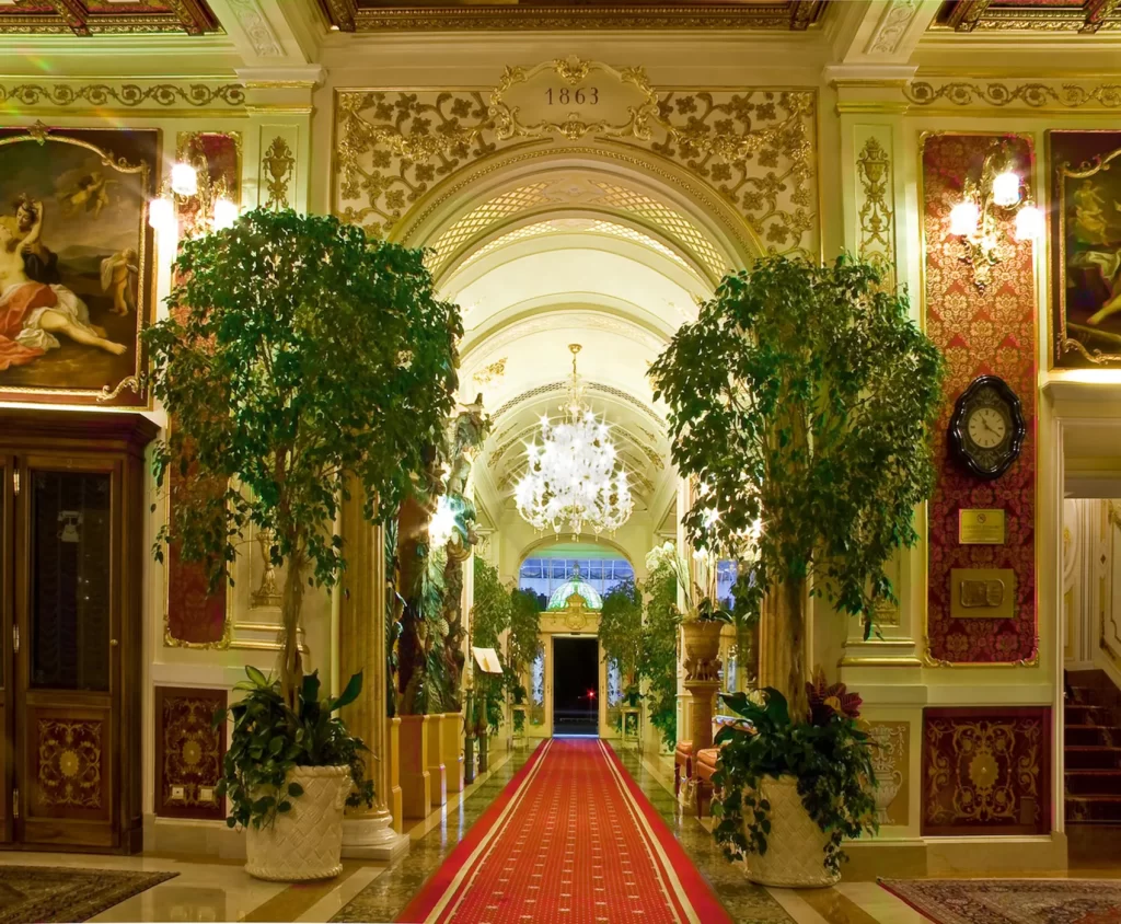 High-end hotel corridor with continuous-patterned carpet design