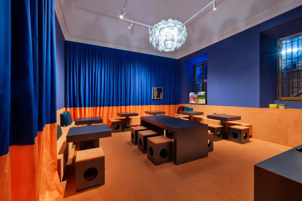 Conference room with custom flame retardant carpet, refined and safe environment

