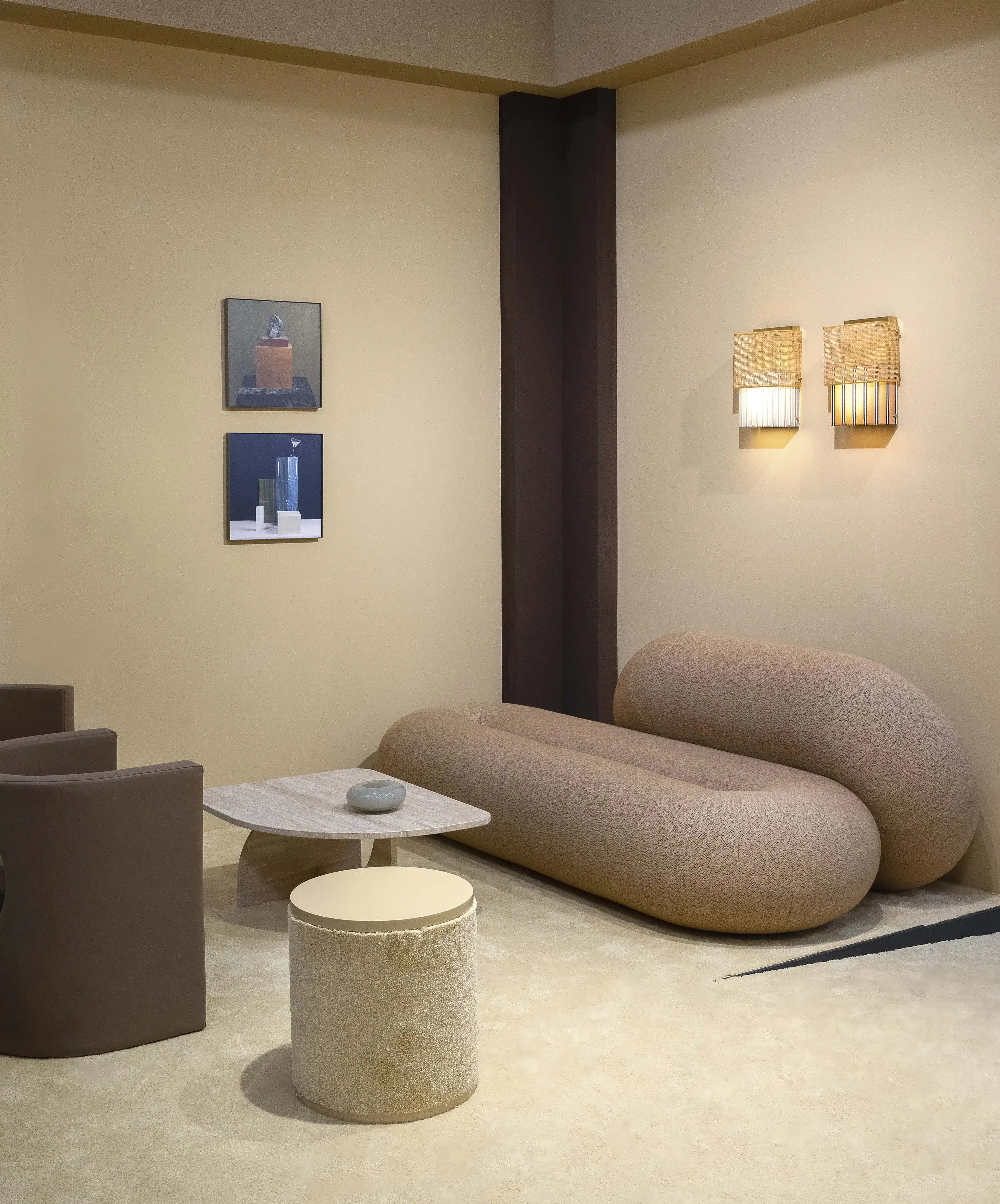On the Sofa by Quintessenza Ceramiche, designed by Studio Salaris, featuring Dolcevita Vaniglia carpet by Radici Carpet.