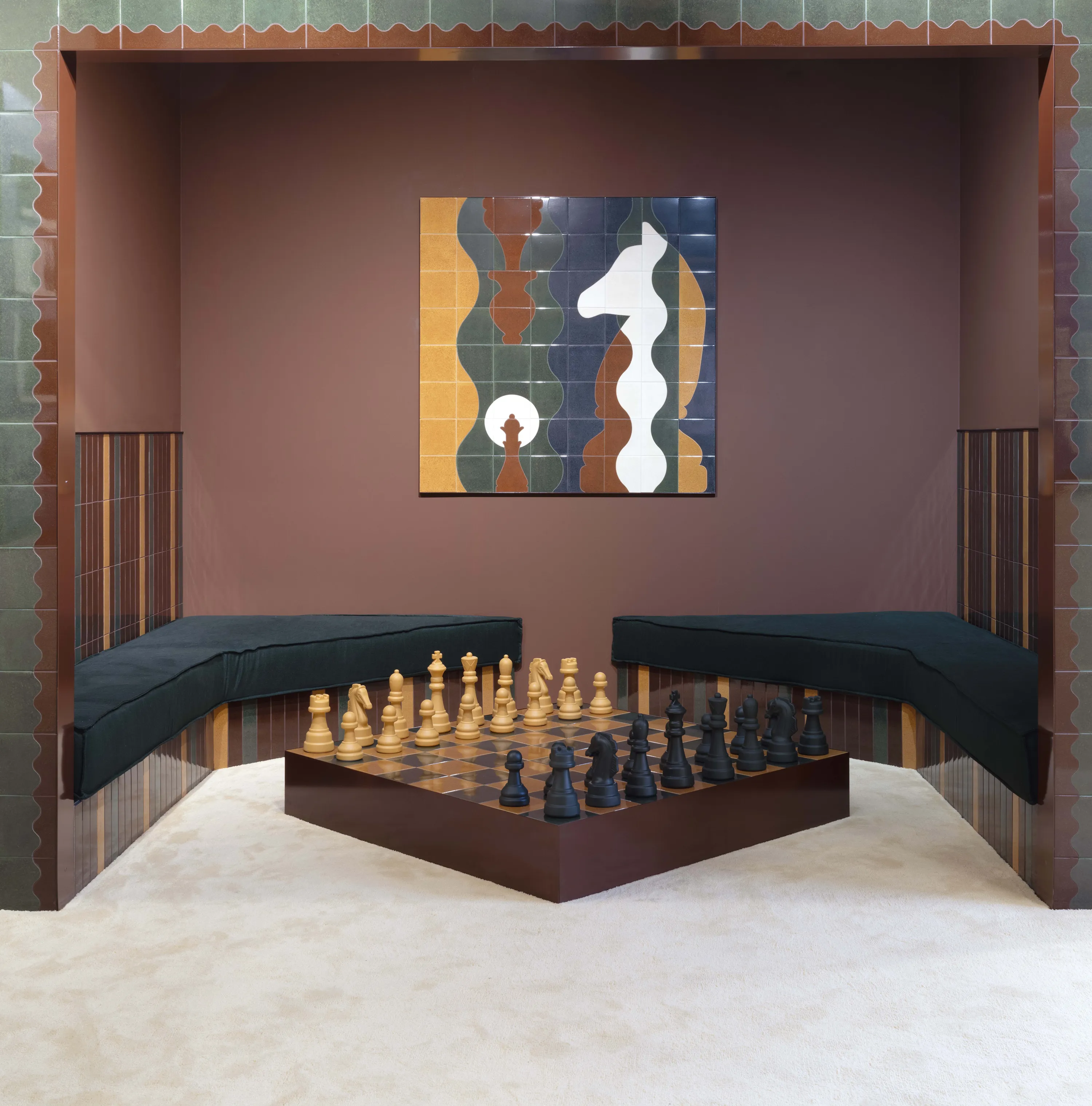 On the Sofa by Quintessenza Ceramiche, designed by Studio Salaris, featuring Dolcevita Vaniglia carpet by Radici Carpet.